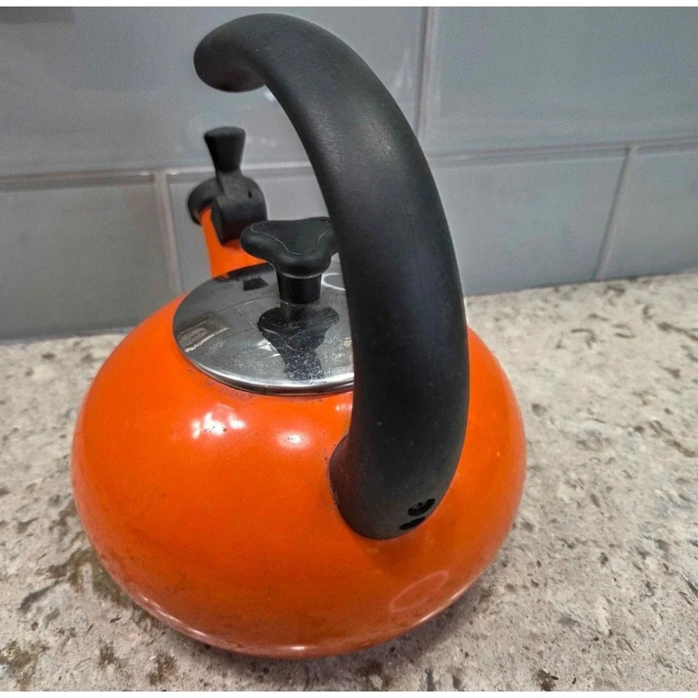 VINTAGE Rachel Ray Orange Enamel Whistling Tea Kettle Stovetop 1.5 Quart Retro